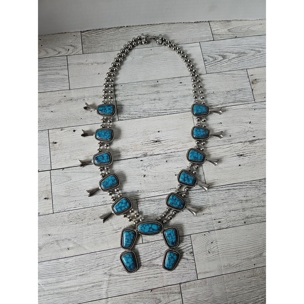 Vintage Goldette Squash Blossom Faux Tourqoise Silver Southwest Style Necklace